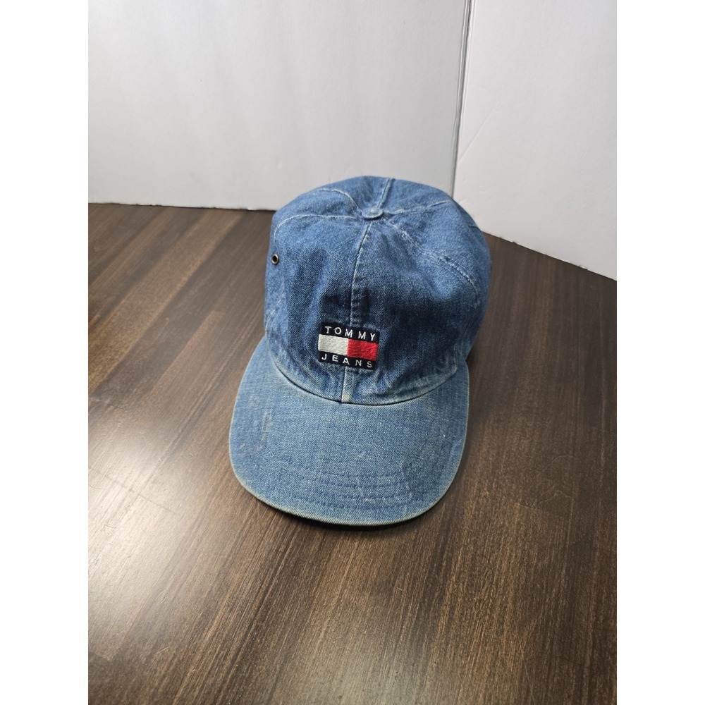 Tommy Hilfiger Denim Ball Cap Hat Vintage Leather Strap Tommy Jeans USA Made 90s